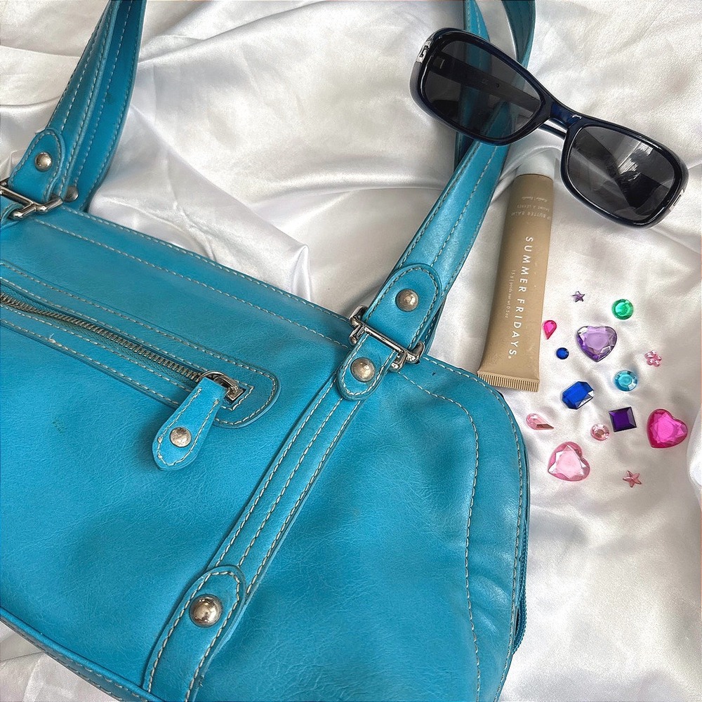 Nine West Turquoise Blue Faux Leather Shoulder Bag White Stitching Y2K Baguette